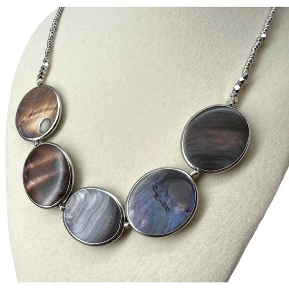 J. Jill Beaded Necklace Shell Multi Disc Mother Pearl Pendant Silver Tone Adjust - Picture 4 of 10